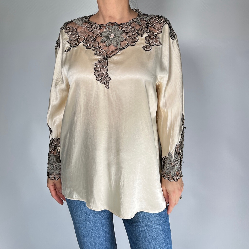 VTG Krizia Italy Womans Top Silk Viscose Blouse Top Beige Cream Black Lace